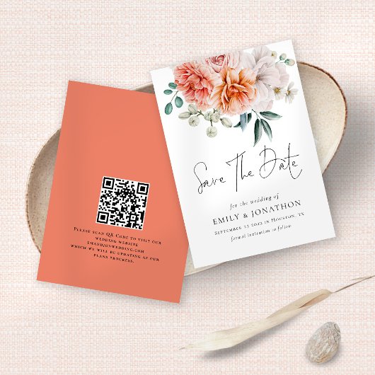 Moderne peonies koraal peach QR-code bruiloft Save The Date
