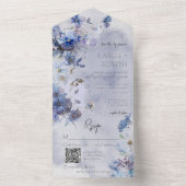 Moderne periwinkle Blue Wildbloemen QR-code All In One Uitnodiging (Binnen)