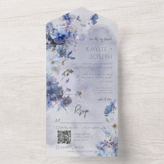 Moderne periwinkle Blue Wildbloemen QR-code All In One Uitnodiging (Binnen)