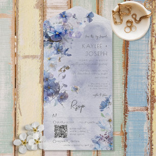 Moderne periwinkle Blue Wildbloemen QR-code All In One Uitnodiging