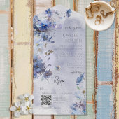 Moderne periwinkle Blue Wildbloemen QR-code All In One Uitnodiging