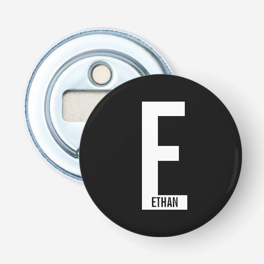 Moderne persoonlijke badmonogram en naam button flesopener (Voorkant)