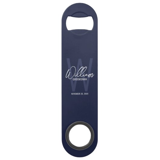 Moderne Persoonlijke Bruidsjonker Monogram en Naam Speed Flessenopener (Voorkant)