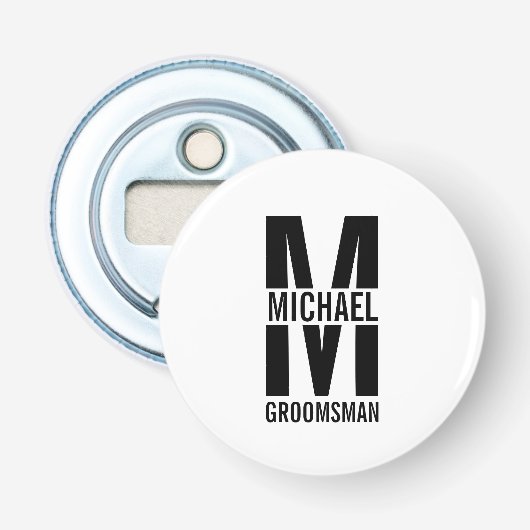 Moderne Persoonlijke Bruidsjonkers Monogram en Naa Button Flesopener (Voorkant)