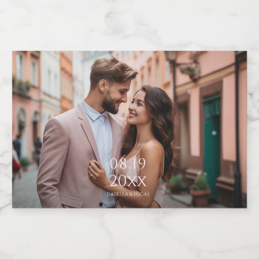 Moderne persoonlijke fotobruiloft likeurfles etiket (Enkel label)