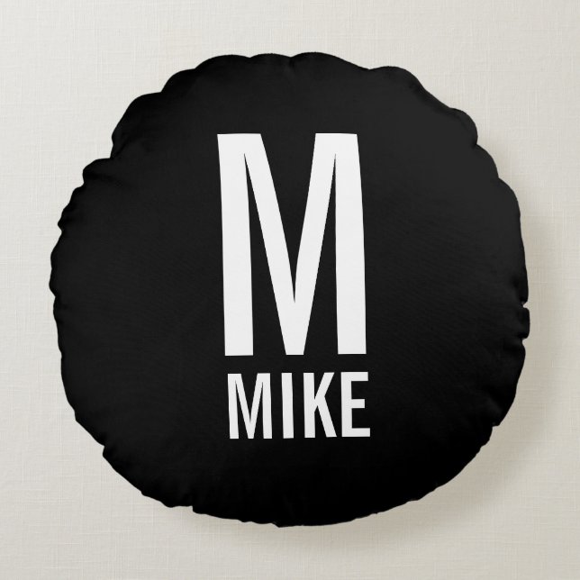 Moderne persoonlijke monogram en naam rond kussen (Voorkant)