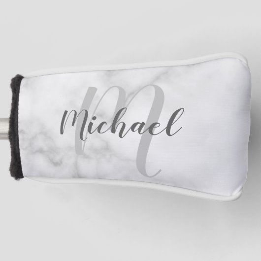 Moderne persoonlijke monogram en naam witte marmer golfheadcover (Voorkant)