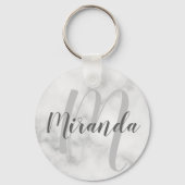 Moderne persoonlijke monogram en naam witte marmer sleutelhanger (Voorkant)