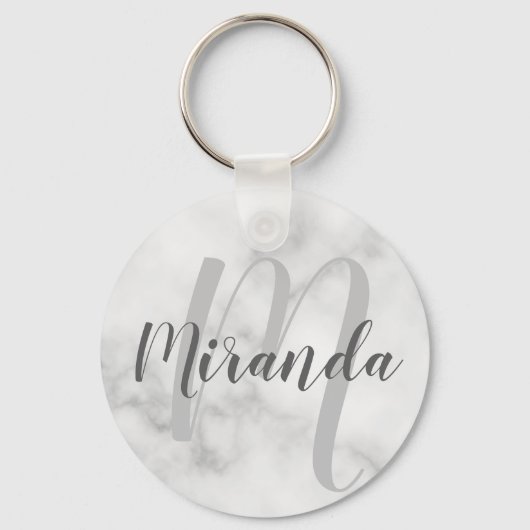 Moderne persoonlijke monogram en naam witte marmer sleutelhanger (Voorkant)