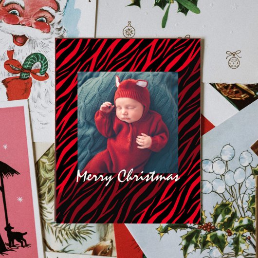 Moderne persoonlijke Zebra kerst met fotorood Briefkaart