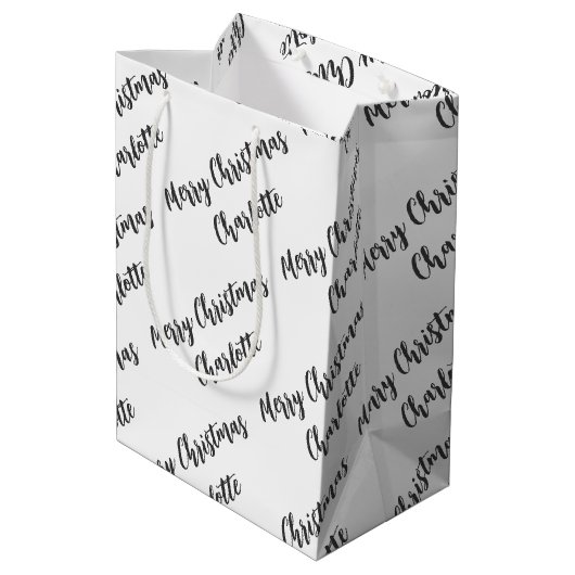 Moderne persoonlijke zwarte en witte kerst medium cadeauzakje (Achterkant Gekanteld)