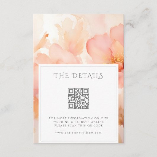 Moderne Perzik Bloem Bruiloft Details QR Code Informatiekaartje (Voorkant)