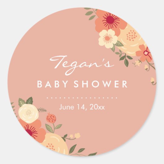 Moderne perzik bloemen baby shower stickers (Voorkant)