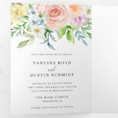 Moderne Perzik Bloemen Elegante Bruiloft Drieluik Uitnodiging (Binnenzijde eerst)