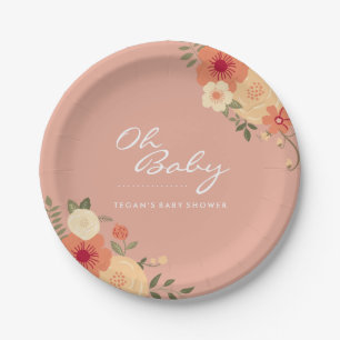 Moderne Perzik Bloemen Oh Baby shower Papier Borde Papieren Bordje