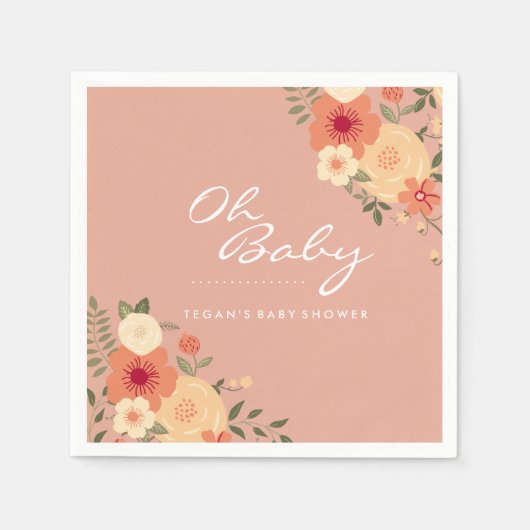 Moderne Perzik Bloemen Oh Baby shower servetten (Voorkant)
