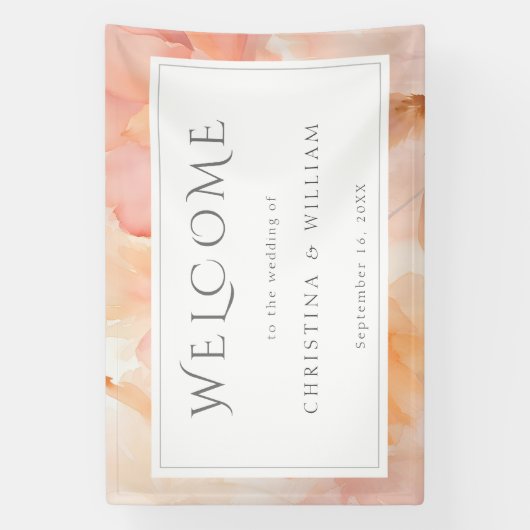 Moderne perzik bloemenbruiloft welkom spandoek (Verticaal)