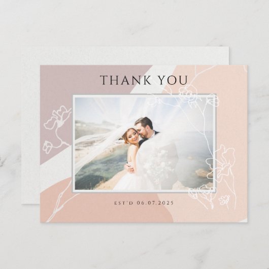 Moderne Perzik Blush Botanische Bruiloft Dank u Briefkaart (Voorkant / Achterkant)