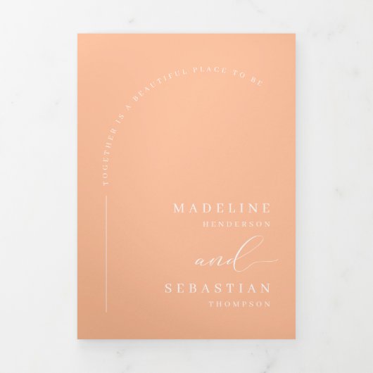 Moderne perzik boho boog foto QR code bruiloft Drieluik Uitnodiging (Cover)