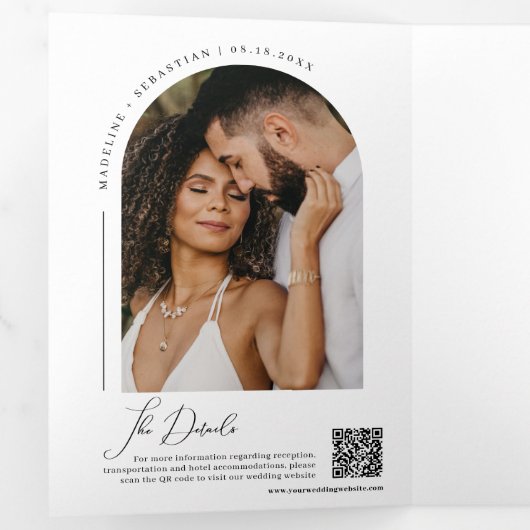 Moderne perzik boho boog foto QR code bruiloft Drieluik Uitnodiging (Binnenzijde eerst)