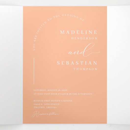 Moderne perzik boho boog foto QR code bruiloft Drieluik Uitnodiging (Binnenkant midden)