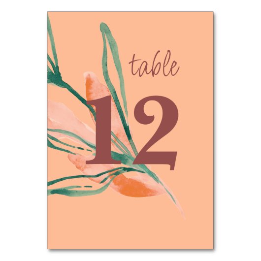 Moderne Perzik Botanische Trouwtafel Nummer Kaart (Voorkant)