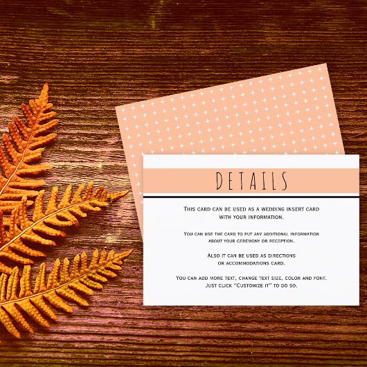 Moderne perzik bruiloft details informatiekaartje