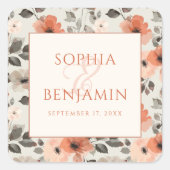 Moderne perzik bruiloft vierkante sticker (Voorkant)