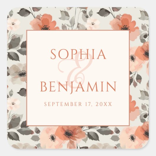 Moderne perzik bruiloft vierkante sticker (Voorkant)