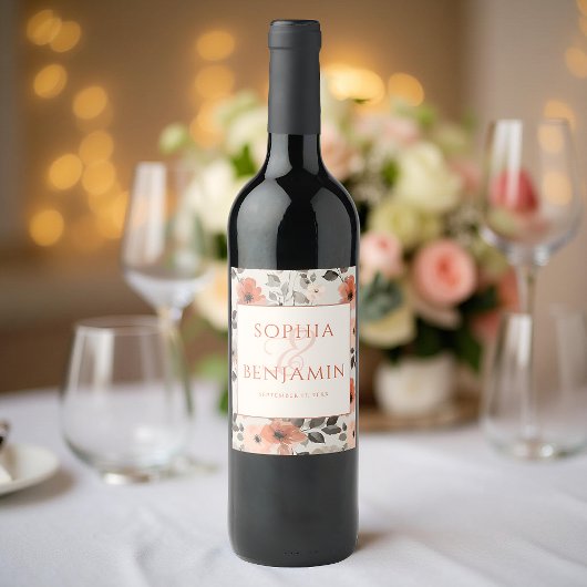 Moderne perzik bruiloft wijn etiket