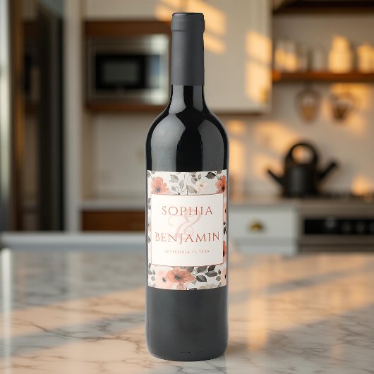 Moderne perzik bruiloft wijn etiket