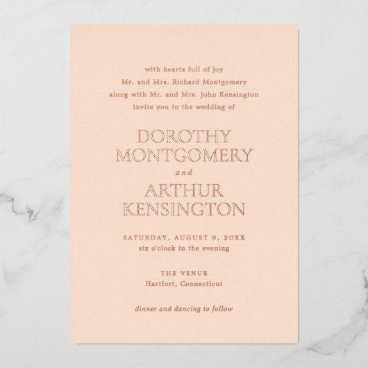 Moderne perzik elegante bruiloft folie uitnodiging (Voorkant)