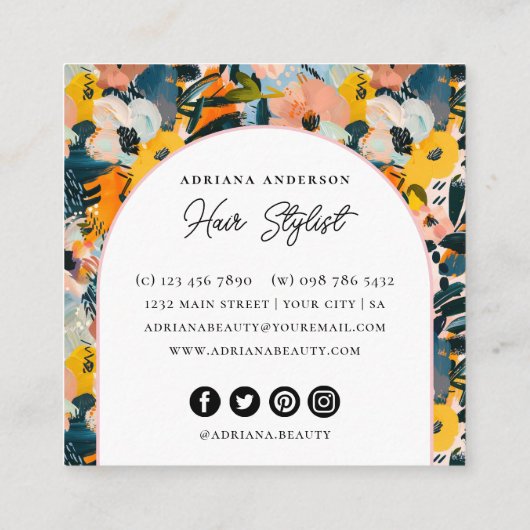 Moderne perzik en blauw Abstract bloemige haarstyl Vierkante Visitekaartje (Achterkant)