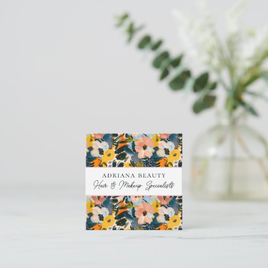 Moderne perzik en blauw Abstract bloemige haarstyl Vierkante Visitekaartje (Staand voorkant)