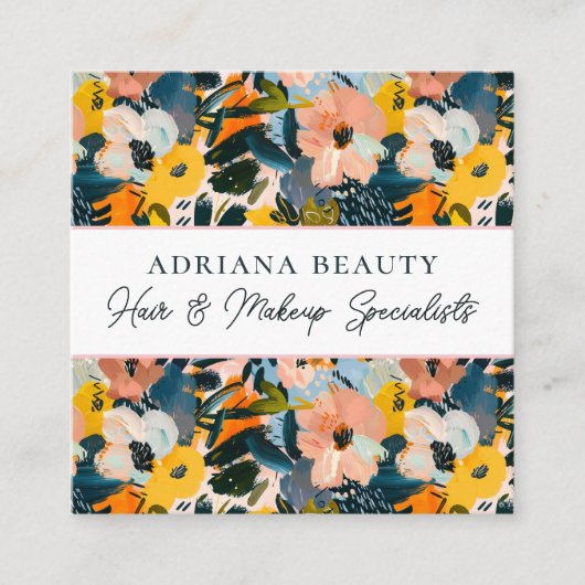 Moderne perzik en blauw Abstract bloemige haarstyl Vierkante Visitekaartje (Voorkant)