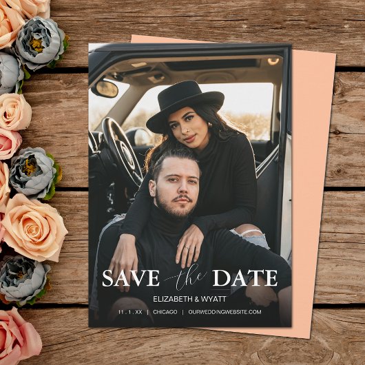 Moderne perzik foto bruiloft save the date