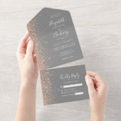 Moderne Perzik Glitter Grijs Bruiloft All In One Uitnodiging (Afscheurbaar)