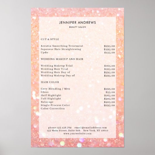 Moderne Perzik Glitter Salon Prijslijst Poster (Voorkant)