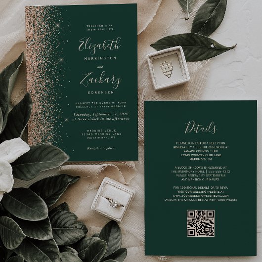 Moderne Perzik Glitters Smaragdgroene QR Code Trou Kaart