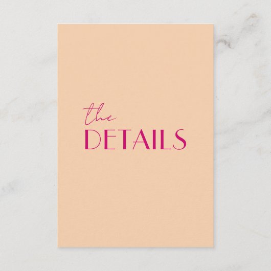 Moderne perzik kleurrijke funky retro bruiloft det informatiekaartje (Achterkant)