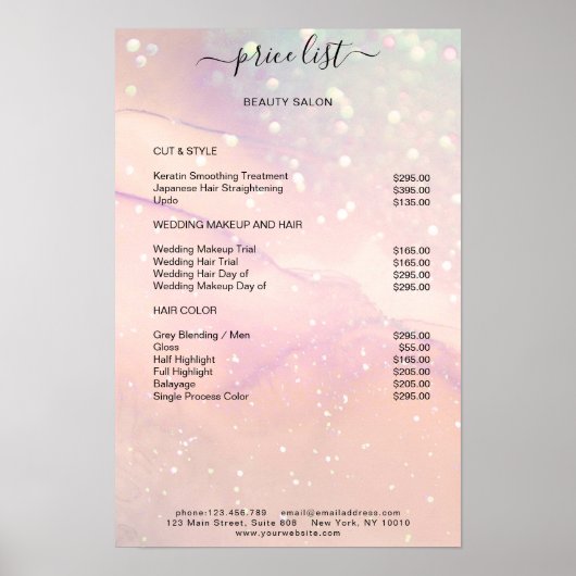 Moderne perzik marmeren glitter salon prijstlijst poster (Voorkant)