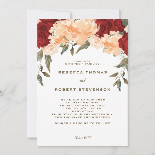 Moderne perzik rode rozen bruiloft uitnodiging (Voorkant)