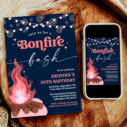 Moderne perzik roze vreugdevuur uitnodiging, vreug kaart