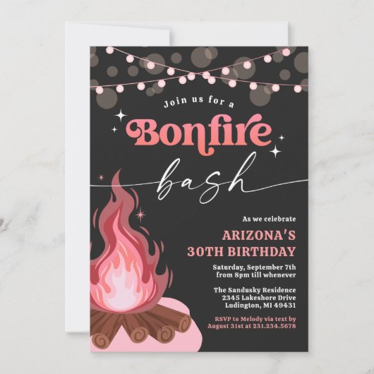 Moderne perzik roze vreugdevuur uitnodiging, vreug kaart (Voorkant)