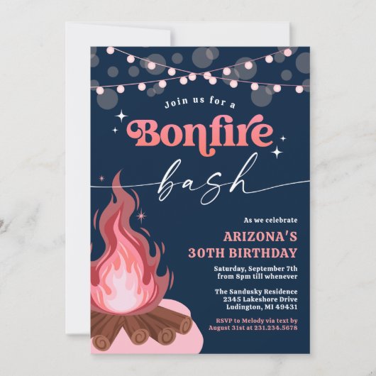 Moderne perzik roze vreugdevuur uitnodiging, vreug kaart (Voorkant)