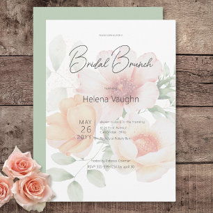 Moderne Perzik & Salie Groene Bloemen Bruidsbrunch Kaart