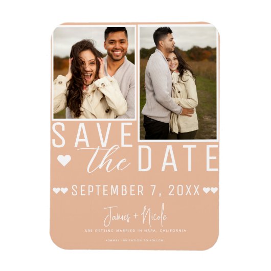 Moderne Perzik Save the Date 2 Foto Bruiloft Magneet (Verticaal)