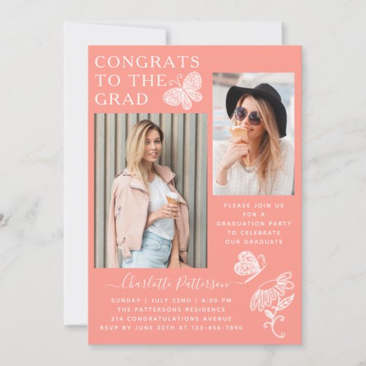 Moderne perzik vlinder foto afstudeerfeest kaart (Voorkant)