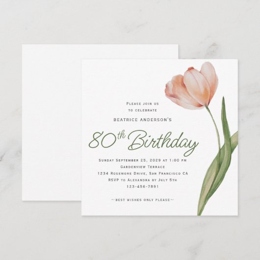 Moderne perzik Waterverf Bloemen 80ste verjaardags Kaart (Voorkant / Achterkant)