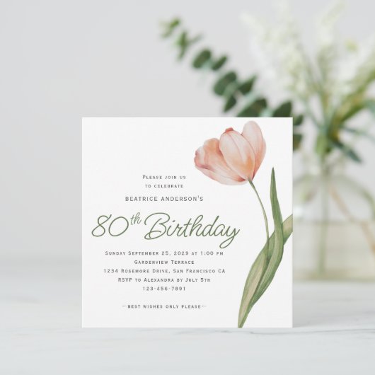 Moderne perzik Waterverf Bloemen 80ste verjaardags Kaart (Staand voorkant)